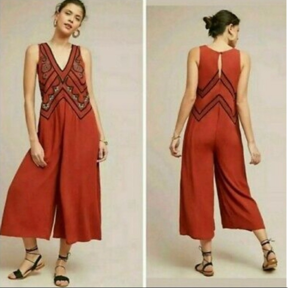 Anthropologie Maeve Orange Embroidered Jumpsuit